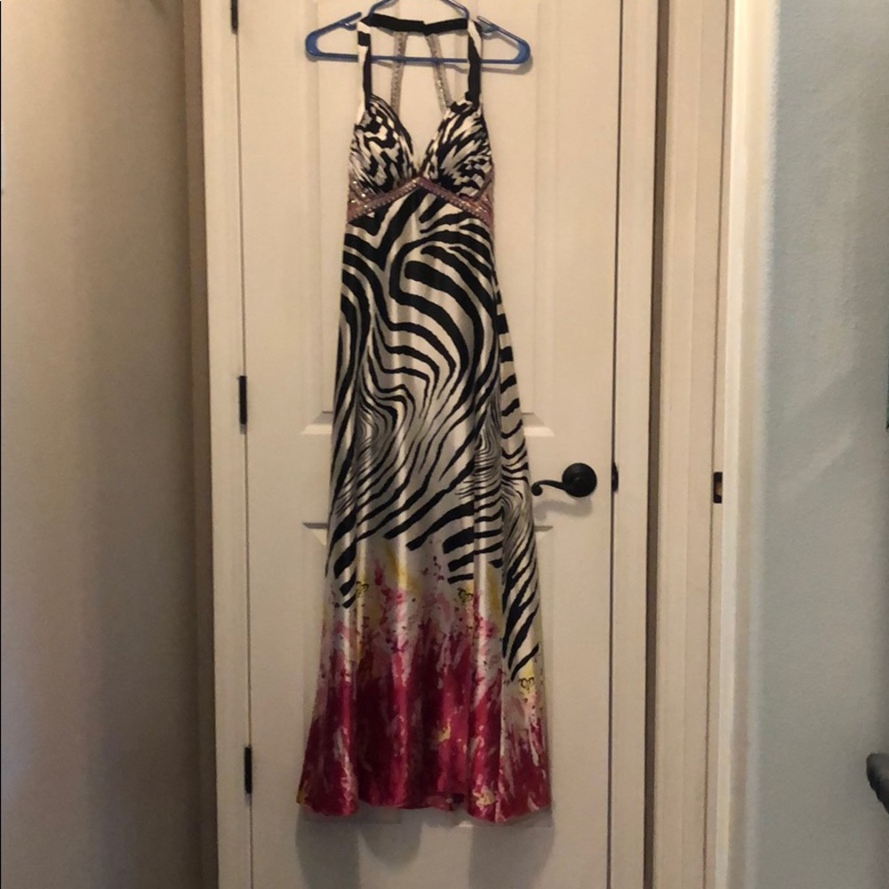 Long zebra print prom dress with beaded straps